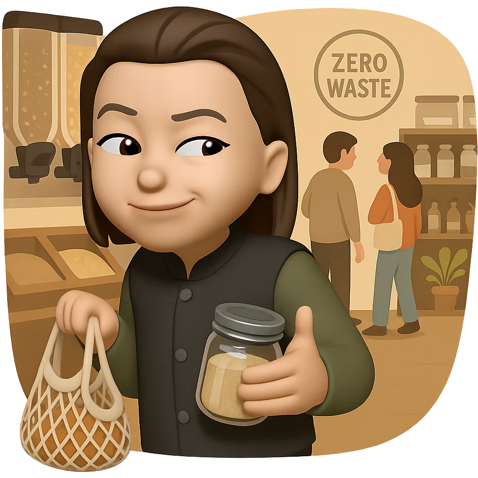 Make the background transparent. The character is shopping in a zero waste store, holding a reusable bag and a glass jar, with a sneaky or curious expression spying on other customers. Keep the same style as the original image. emoji