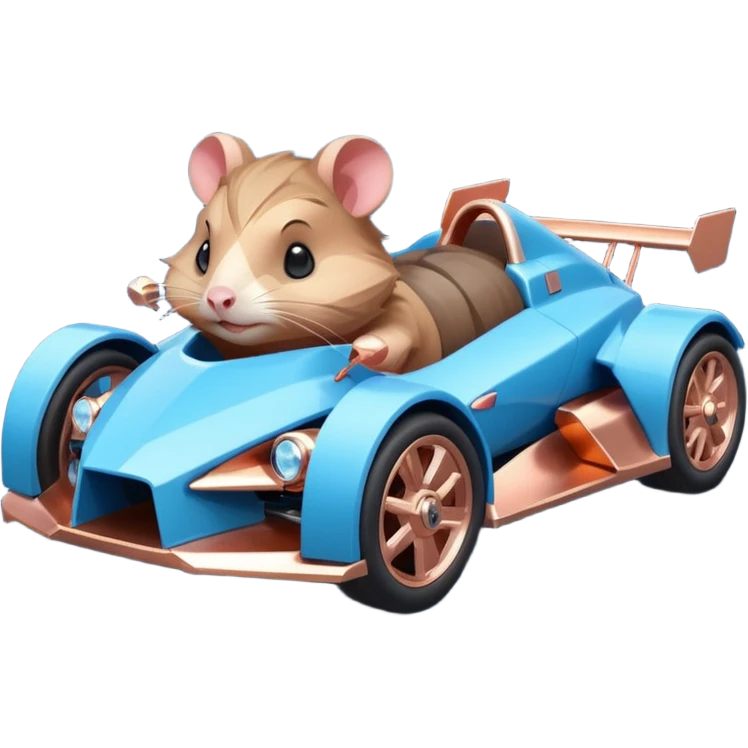 dark crystal blue and rosegold-accented faceted-body electric racing car driven by a small cute but fearless hamster with rear spoiler, roll bar, and wheely bar emoji