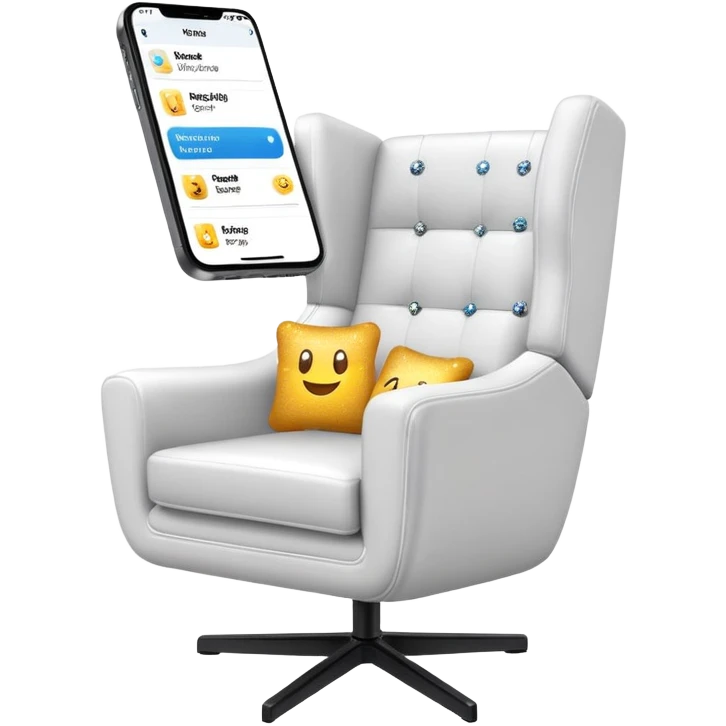 smartphone at an angle in foreground showing armchair product page on screen, with sparkle emoji sticking out on the left side emoji