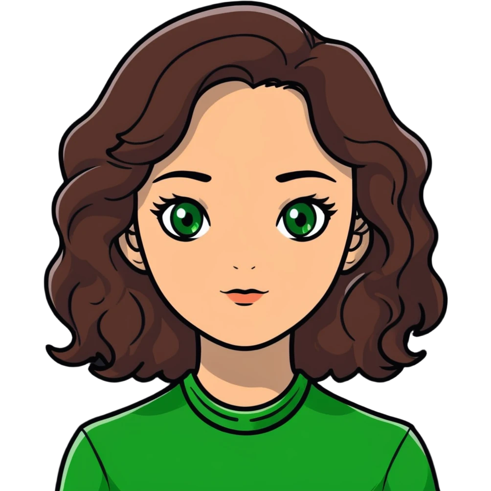 white girl with wavy dark brown hair and green eyes  emoji