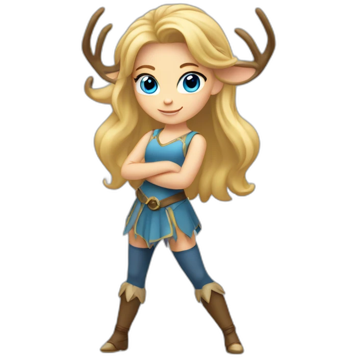 blonde girl dancer with blue eyes, take one big horn of deer in her right hand. Show full body of girl. emoji