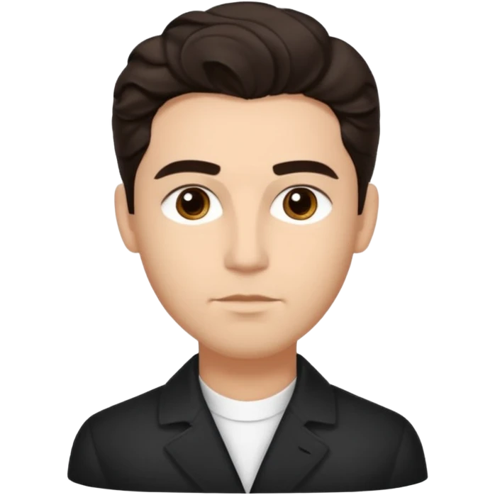 He’s a man with light to medium skin, a defined oval face, full brows, deep-set eyes, and wavy short dark brown tall tall hair styled with height, sides are trimmed. expression calm and focused relaxed black open-collar .polished, articulate, and coach vibe. emoji