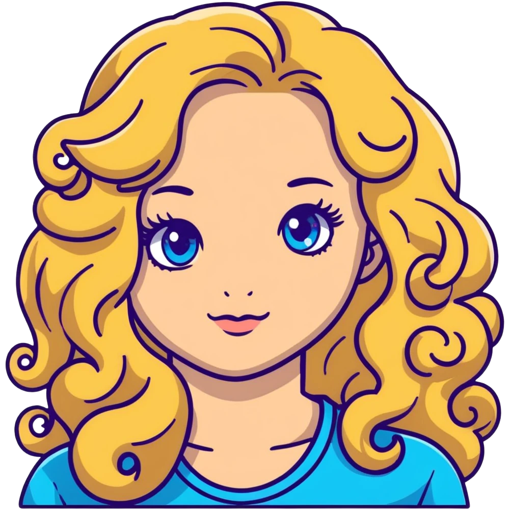 beautiful girl with long curly blonde hair, blue eyes, long eyelashes emoji