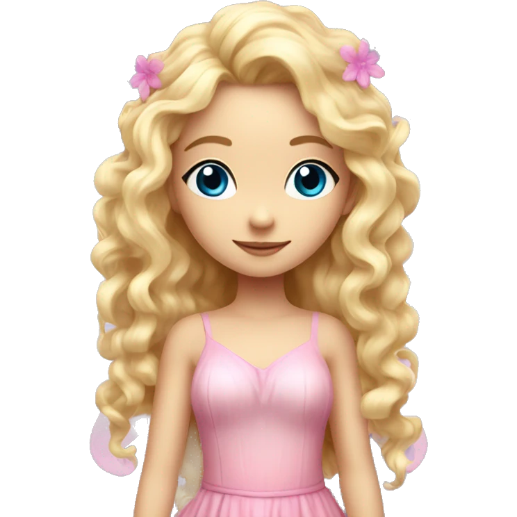 Fairy, a blonde hair with blue eyes and a pink dress with sparkly wings. Flowers. White wings. The fairy has long, curly hair with a lot of volume emoji