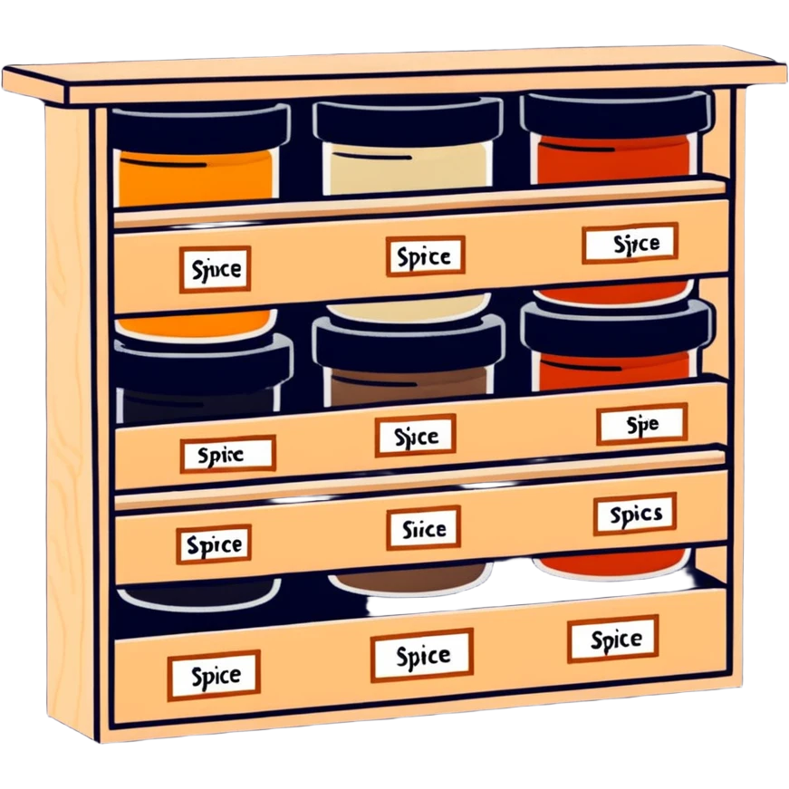 A wooden spice rack with various labeled jars of spices emoji