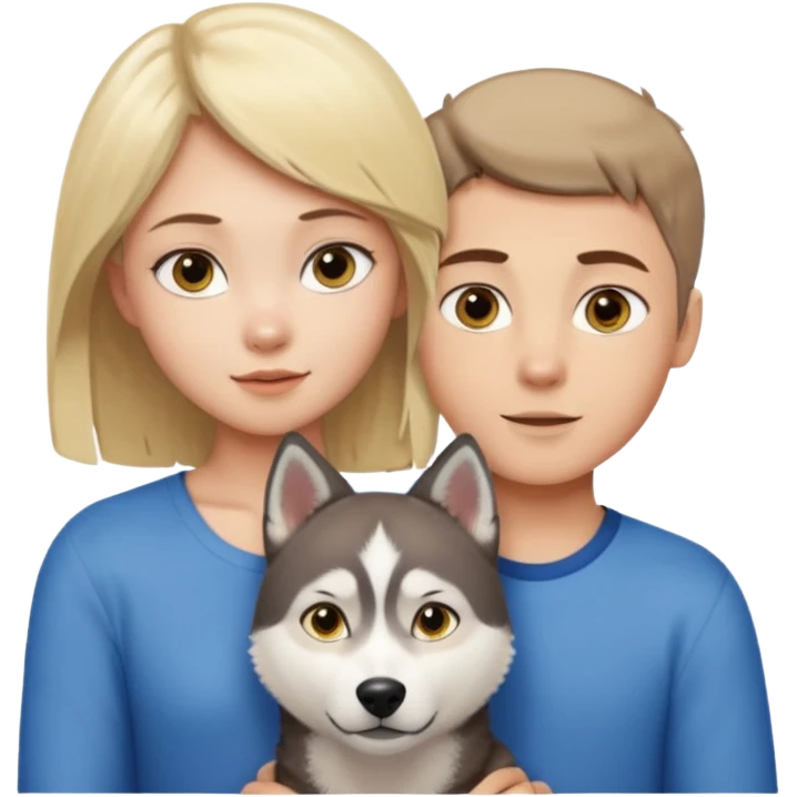ragazza bionda occhi gialli capelli lisci biondo che abbraccia un husky occhi azzurri e un ragazzo bruno capelli corti e rasati occhi castani emoji