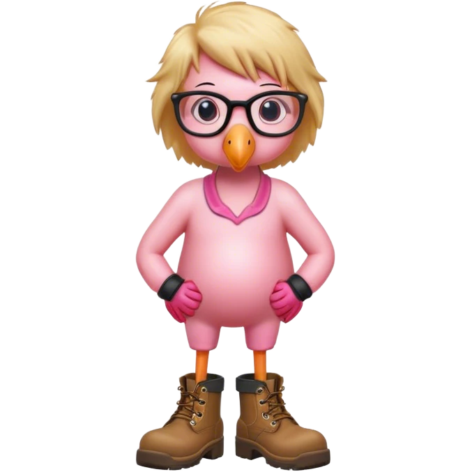 Flamingo with work boots and bushy blond hair and eye glasses emoji