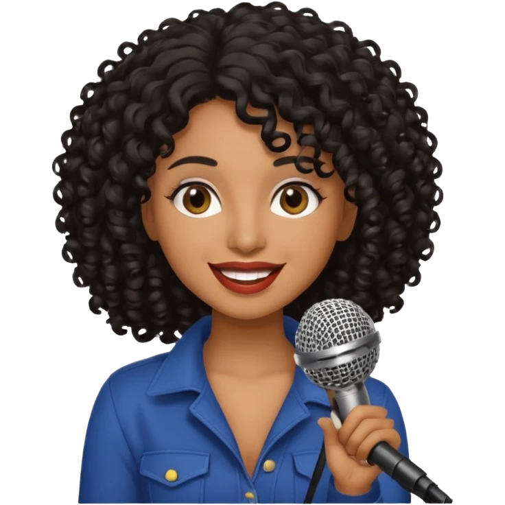 brown skin woman, curly black hair, singer, hold micro emoji