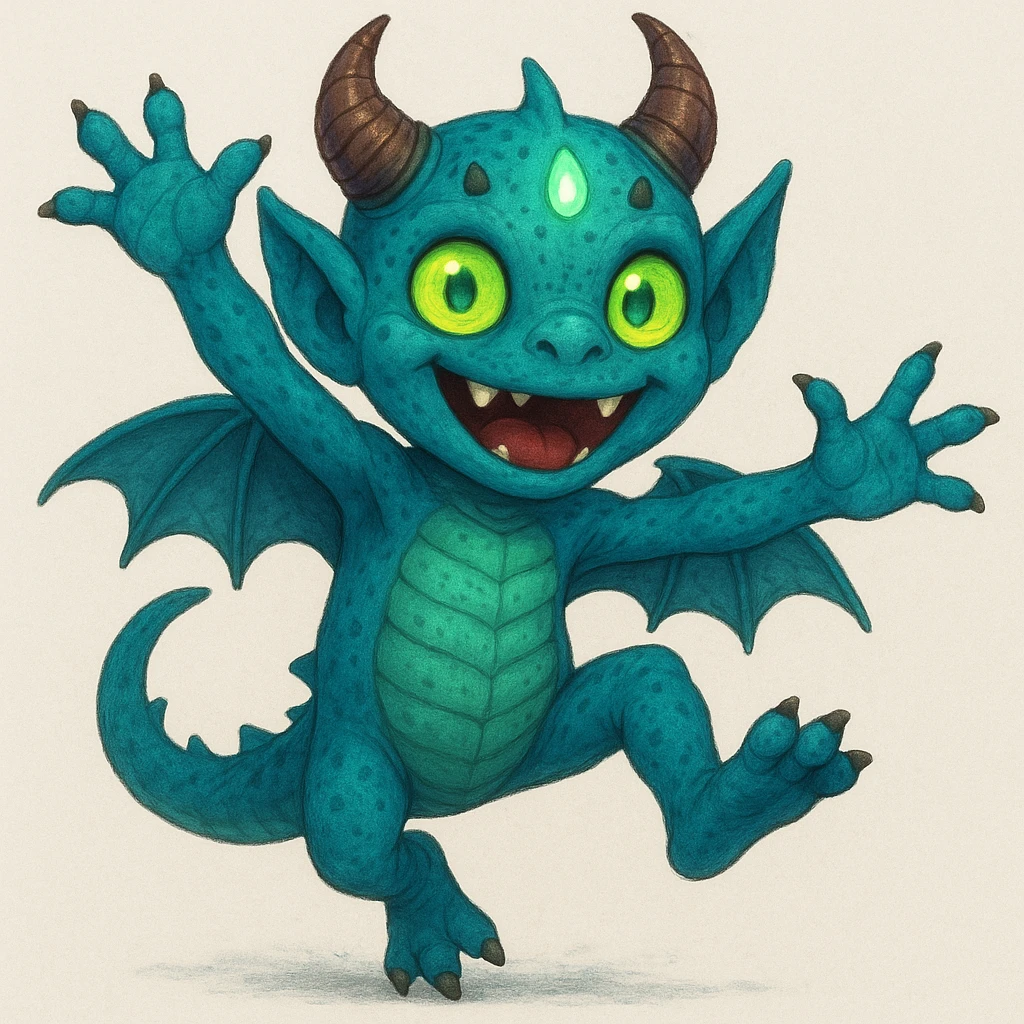 Give the kid a playful, energetic pose while keeping the blend of 60% dragon (reptilian features, wings), 20% demon (horns, fangs), and 20% alien (strange skin color, glowing elements). emoji