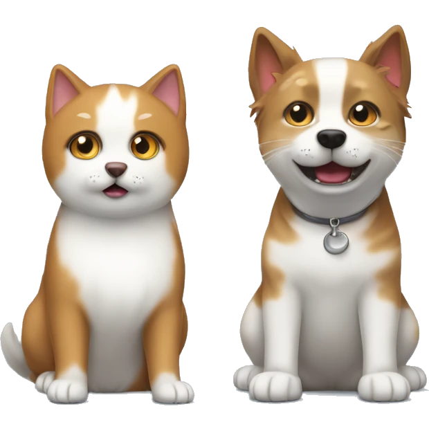 a white Spitz dog and a brown tabby cat. the dog barks and the cat sits on the left with a sad face emoji