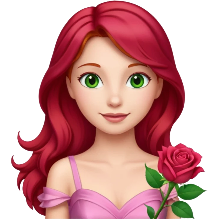 Aurora princess, classic fairytale style, red hair, pink gown, gentle smile, green amber eyes, holding a rose, emoji style emoji