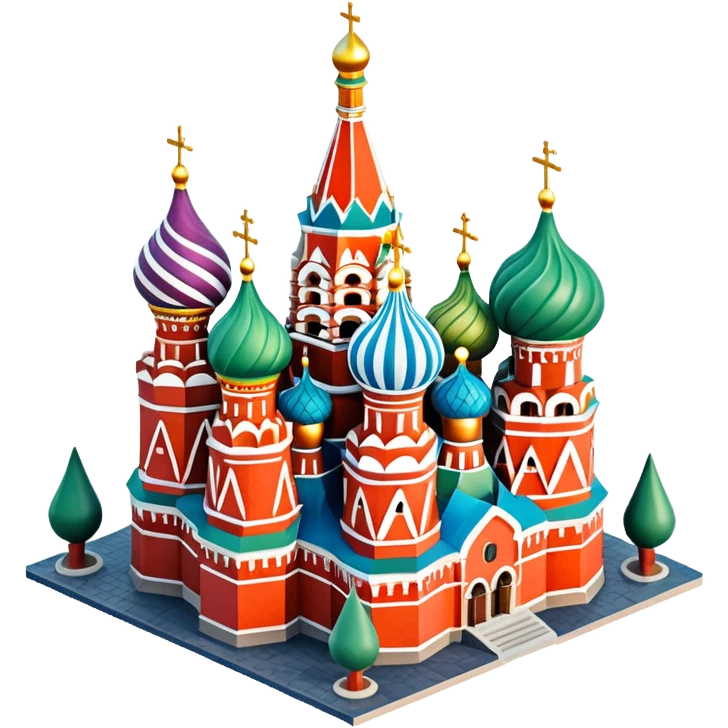 Isometric illustration of photorealistic Saint Basil's Cathedral with colorful onion domes, highly detailed in semi-realistic style, sharp outlines, subtle surface textures, balanced between stylized and realistic, 3D miniature effect with a slight hand-painted touch, no cartoonish look. emoji