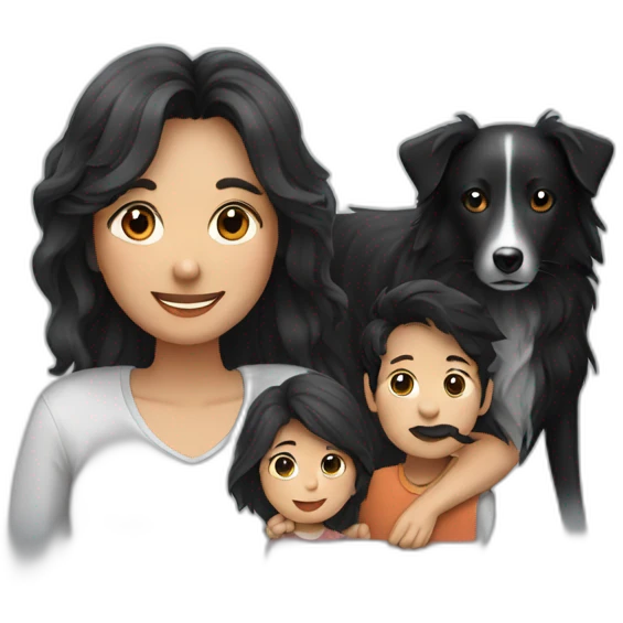 Family formed by a man a woman with long black hay and one small black border collie emoji