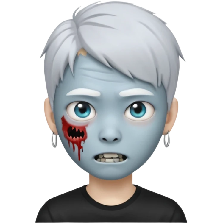 Create a 3D emoji-style avatar with very pale blue-grey zombie skin like the reference image, a young Asian face, and large eyes with white blood tears. Give it white mullet-style hair, silver hoop earrings, and a simple black T-shirt. The expression should be neutral or slightly angry emoji
