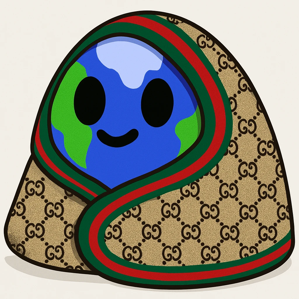 Change the blanket the earth character is wearing to a Gucci blanket, featuring the classic Gucci pattern and colors, while keeping the rest of the image the same. Maintain the original style and details of the image. emoji