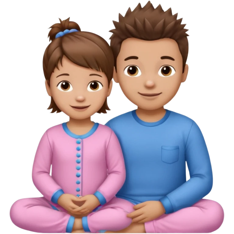 A smaller toddler girl with brown hair with her hair up, wearing pink pajamas and a bigger 4 year old boy with spikey brown hair, wearing blue pajamas. Both light skin and smiling.  emoji