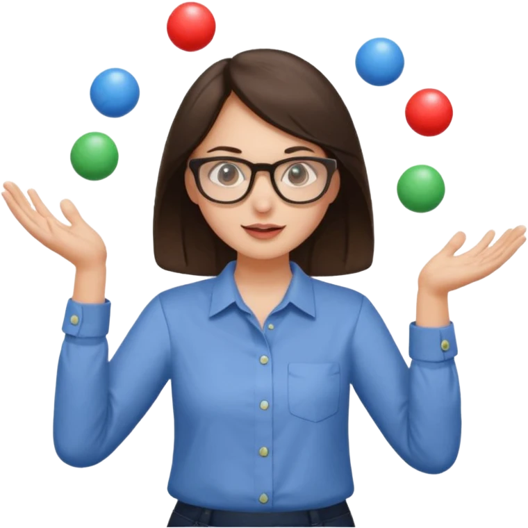 a brunette girl in a shirt and glasses  juggling  with two hands  emoji