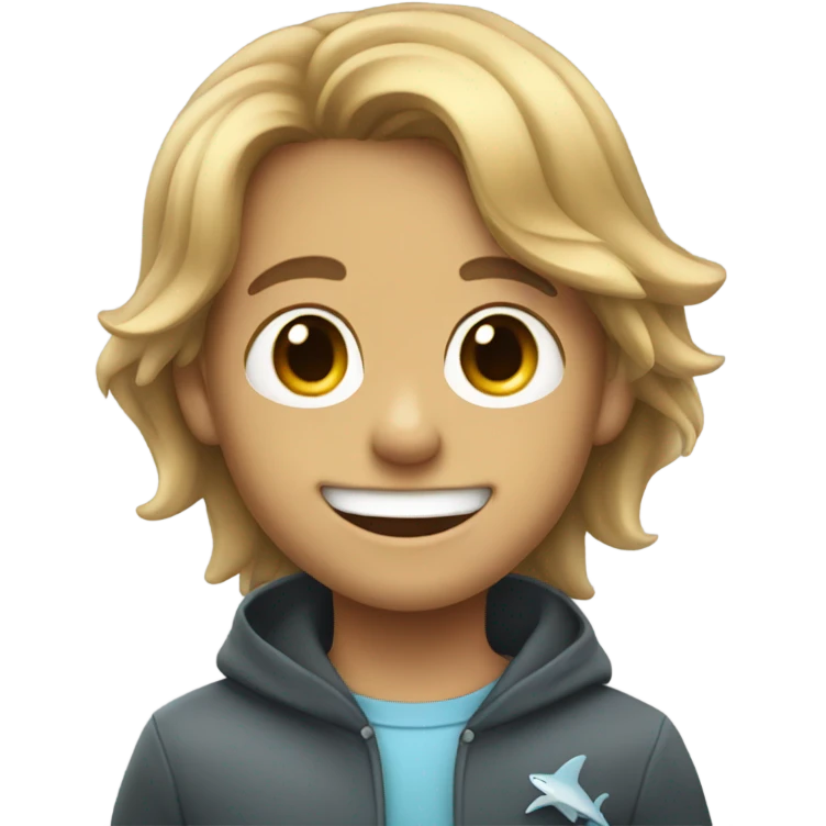 smiling boy with long hair dressed as a shark emoji