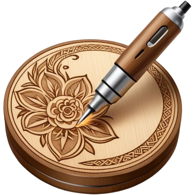 Pyrography icon, wooden surface with detailed burn marks, intricate patterns etched into wood using a soldering iron, no flames or smoke, minimalistic style, clean lines, transparent background. emoji