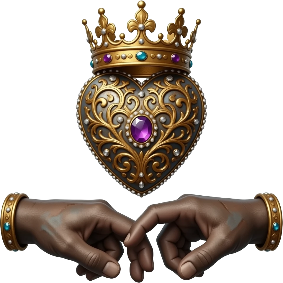 two rusty hands touch with their fingers (fingers are facing down and palms are facing up)  a rusty heart richly ornamented with arabesques and studded with precious stones with a richly decorated royal crown, dramatic lighting - backlight emoji