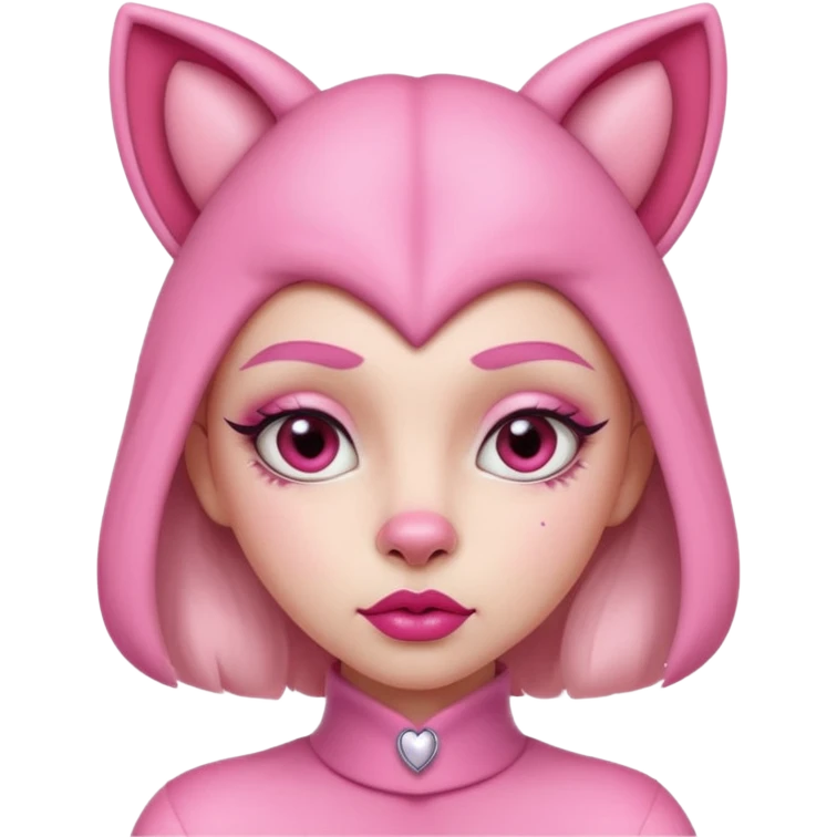 A woman dressed as a pink panther with soft pink skin, big expressive eyes, and glossy lips has a calm, pouty look. Pink animal ears and subtle heart details give her a sweet, playful vibe emoji