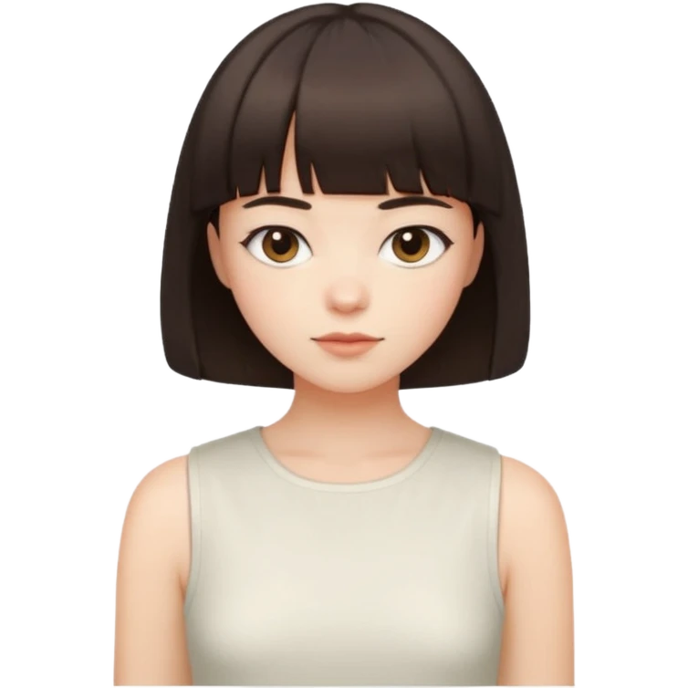 a short bob with bangs and dark brown hair. They have a calm expression, fair skin, and wear a sleeveless white cropped top emoji