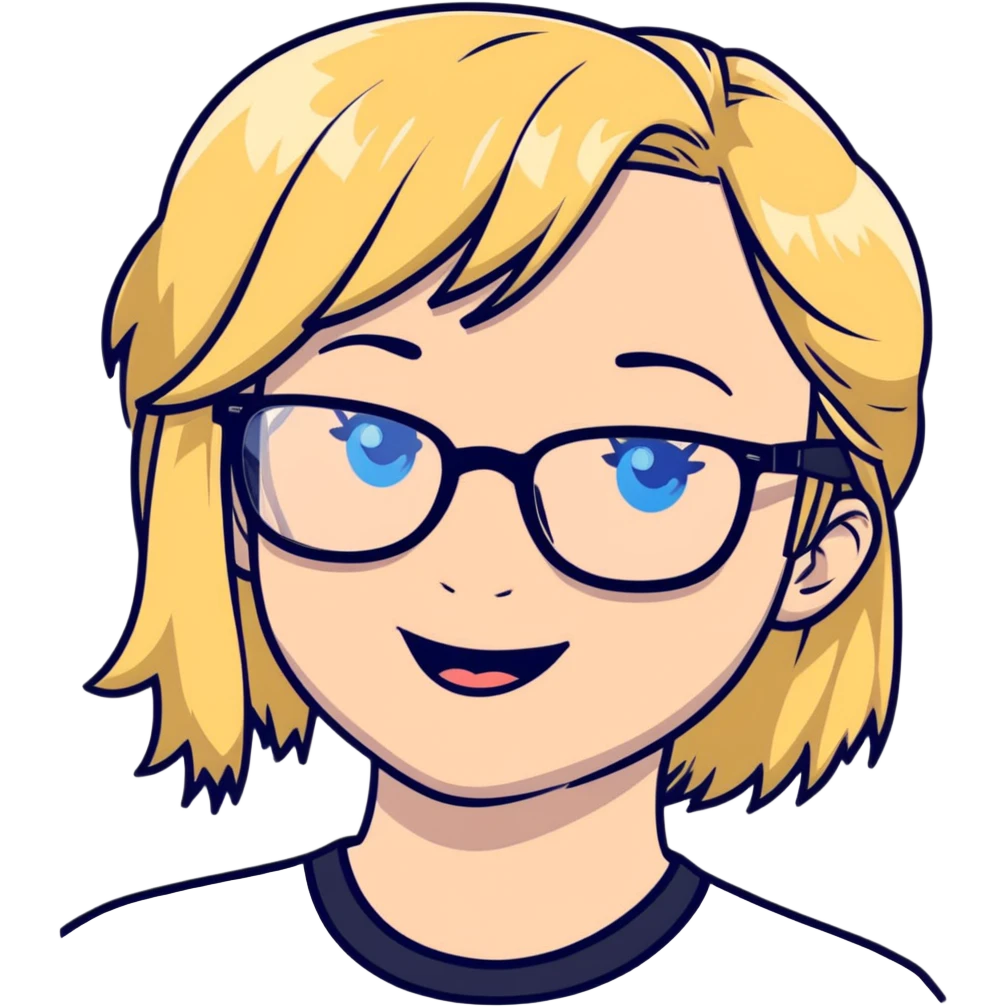 blonde girl with blue eyes, black glasses, giggling  emoji