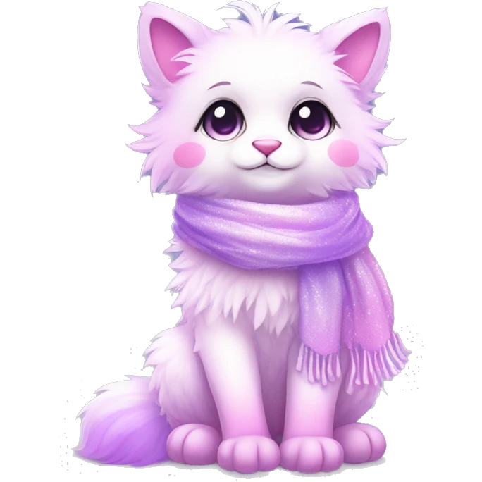 Edgy Kawaii cute gorgeous colorful sparkly bright light pastel lilac-pink-white-gradient fantasy ethereal fluffy fursona animal creature with a cute scarf full body emoji