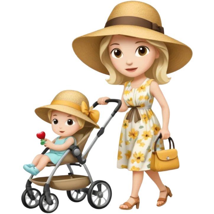 A stylish mother wearing a wide-brim hat, pushing a stroller. emoji