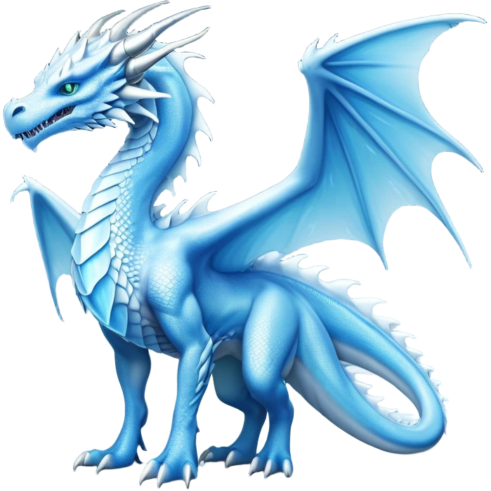 Cinematic Noble elegant Ice Dragon full body Emoji, Poised and imposing, distinct long elegant snout, with a slender, scaled body shimmering in glacial hues of icy blue, frostbitten silver, and crystalline white, breathing out frost, with piercing, glowing eyes that radiate the chilling depths of an arctic storm; rendered in detail. displaying its wings emoji