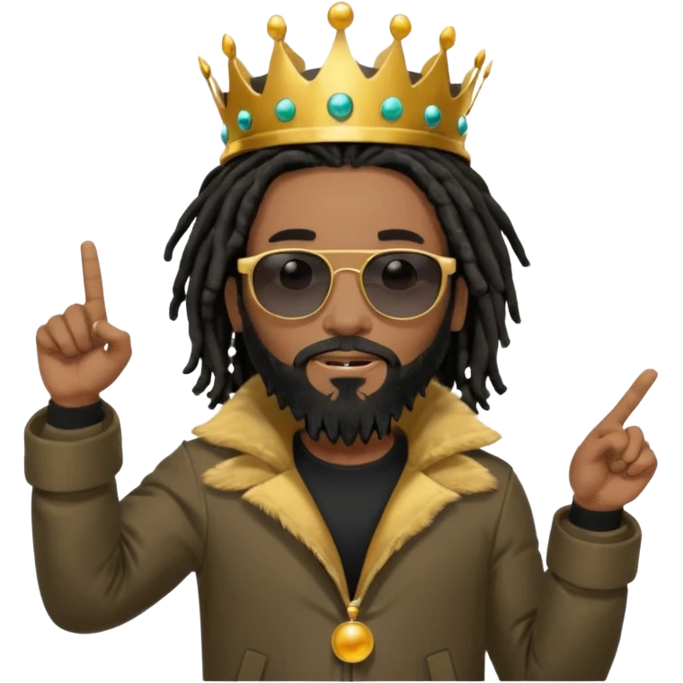 African American man with shoulder length black dreadlocks with black beard wearing black sunglasses wearing Crown on his head wearing a black bubble mens winter coat pointing to himself emoji