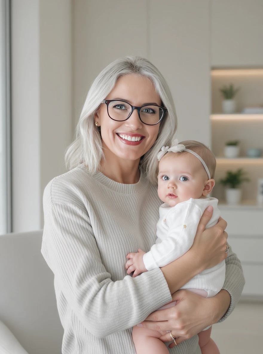 Cinematic still, Proffesional advertising of a smiling european white woman with glasses smiling holding baby, minimalistic ophthalmologist interior in background, leading  lines, "rule of thirds", 60/30/10 colors, soft light emoji