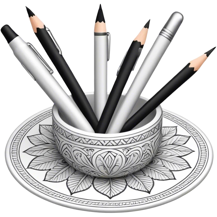 Artistic graphics, detailed linework, monochrome or soft colors, traditional tools like pencils, ink pens, erasers, intricate patterns, minimalistic style, clean lines, no extra details, on a white background. emoji