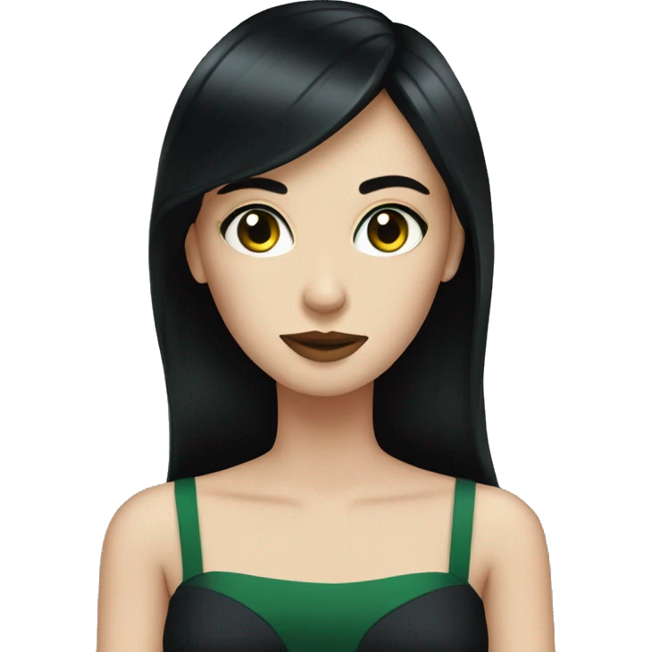 pale woman, straight black hair, wearing dark night dress, eyes are green emoji