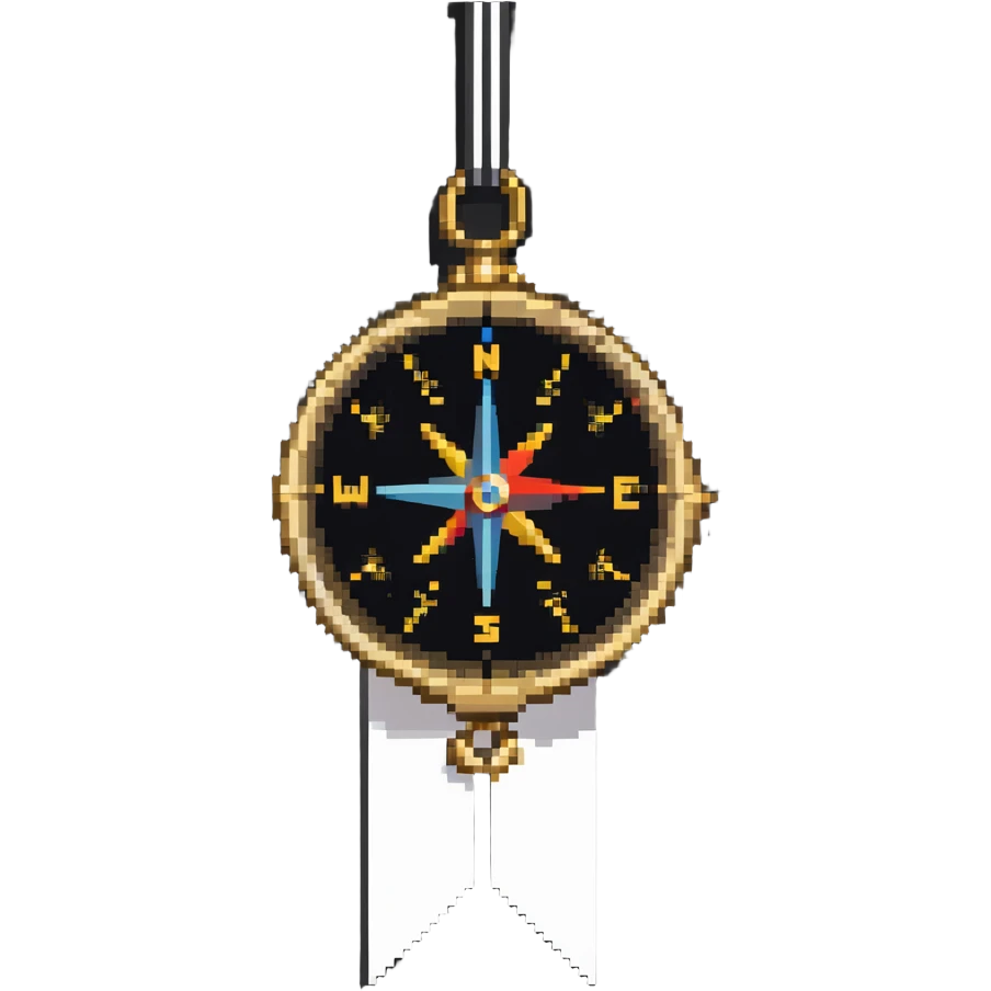iOS compass device with gold frame and directional markers hanging from a white ribbon emoji