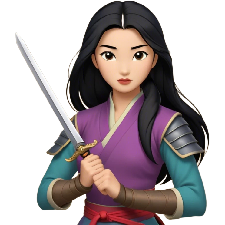 Cinematic Realistic Mulan Portrait, depicted with lifelike skin texture, soft natural lighting, and intricately detailed long black hair styled elegantly. Her deep, expressive eyes exude determination and grace, complemented by a serene yet confident expression. She stands with one hand resting on the hilt of her sword, the other by her side, exuding strength and poise. She is dressed in her classic attire, with rich fabric textures and delicate folds that catch the light beautifully. The portrait features a soft, enchanting glow with a natural, radiant finish, capturing the essence of timeless strength and beauty in a realistic and painterly style, evoking a sense of depth and authenticity. emoji