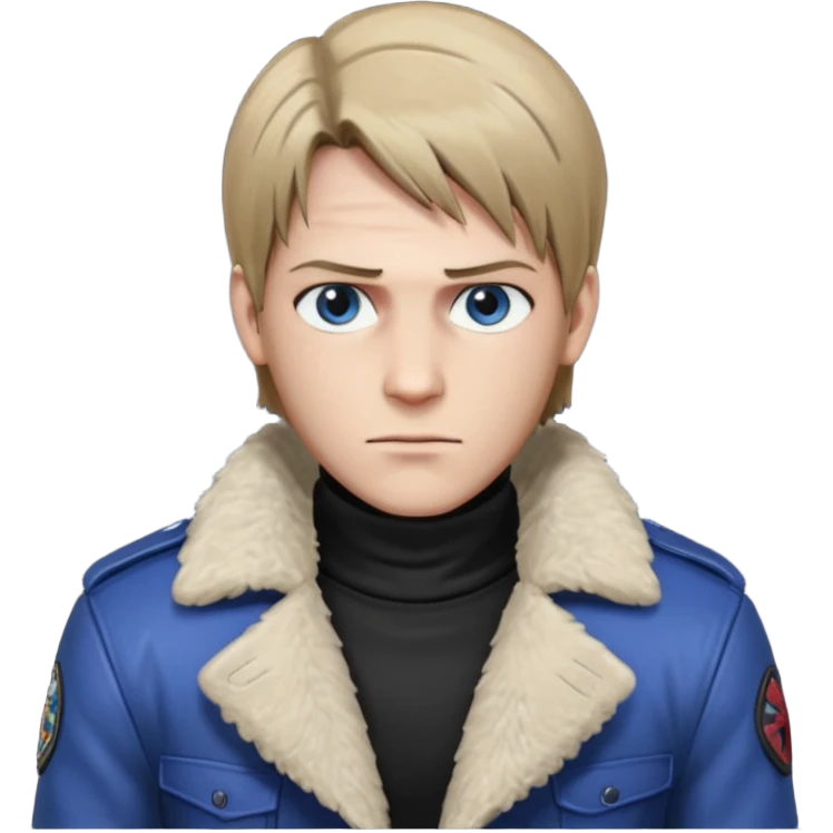 Leon Kennedy from resident evil 4 remake in sheepskin coat and black t-shirt blue eyes clean-shaved emoji