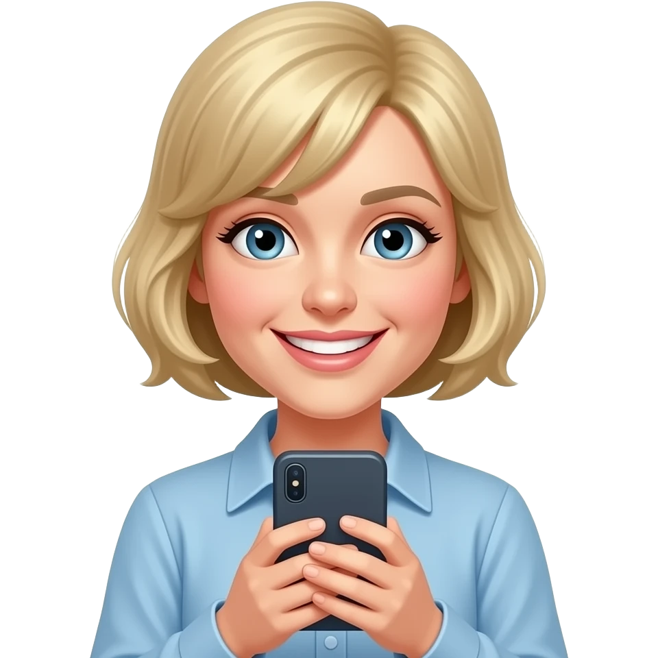 smiling lady with short blonde hair showing her phone emoji