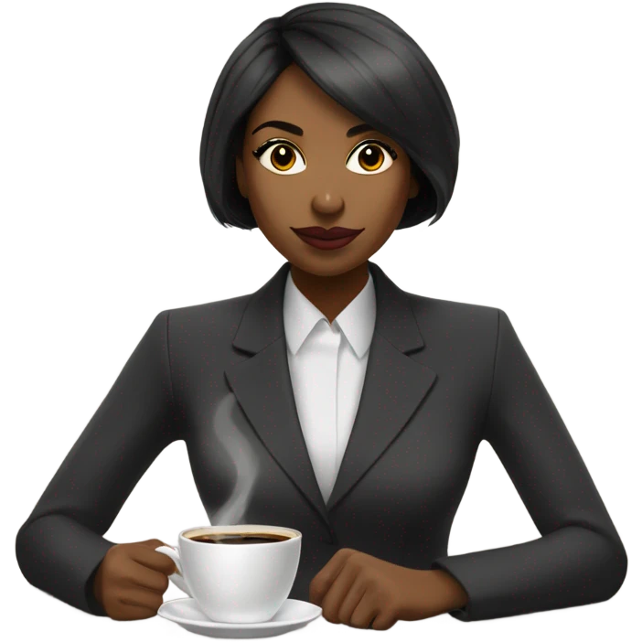 Cute black woman with a bob haircut in a power suit, sipping coffee with the word January behind her emoji