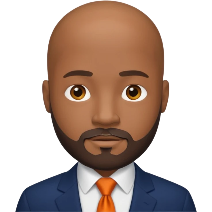 headshot of a sophisticated, stylish, bald head Caribbean black man with a beard and goatee in a navy blue suite, white shirt and dark orange tie emoji
