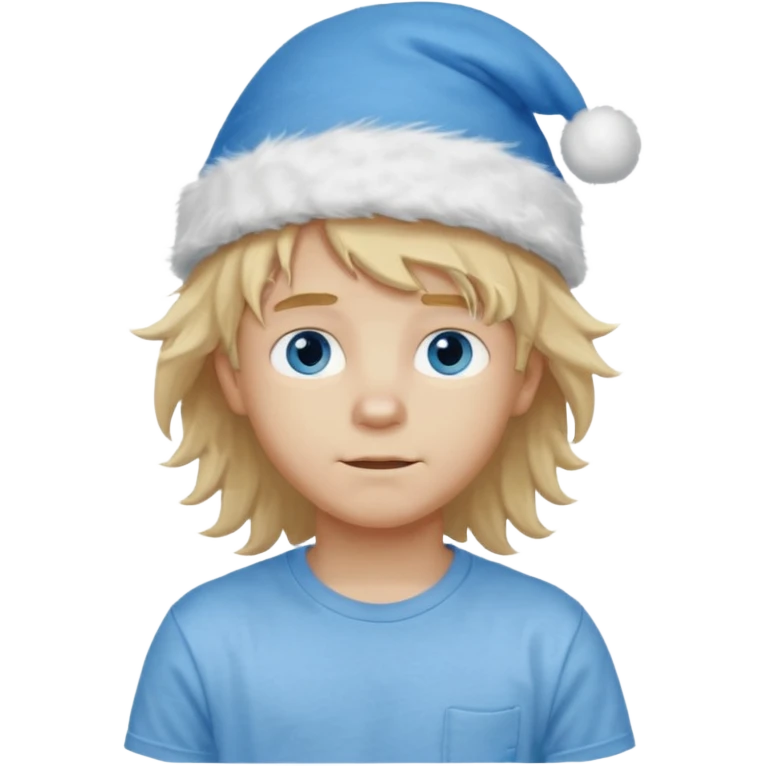 create boy blonde hair long messy, light eyes, white t shirt, rich, long hair, eyes blue, acessory head cristimas blue hat, long hair, fluffy hair emoji