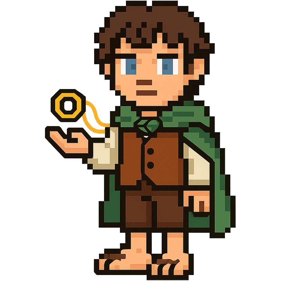 Whole body image of Frodo Baggins from the lord of the rings movie in pixel art style. Make Frodo look like the actor that portrayed him in the movie, Elijah Wood, blue eyes and dark curly hair. Frodo is wearing the same green elven cloak with the leaf buckle, brown vest, cream undershirt, dark brown leather short pants, and hairy hobbit feet. He is holding the one ring in the palm of his outstretched hand. the ring is golden yellow and a golden link chain necklace is strung through it. emoji