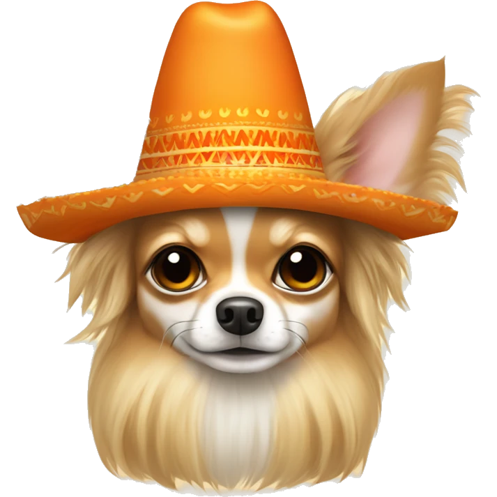 Long hair chihuahua dog, fur color beige with orange lights. He eat a parmigiano bite in sombrero  emoji