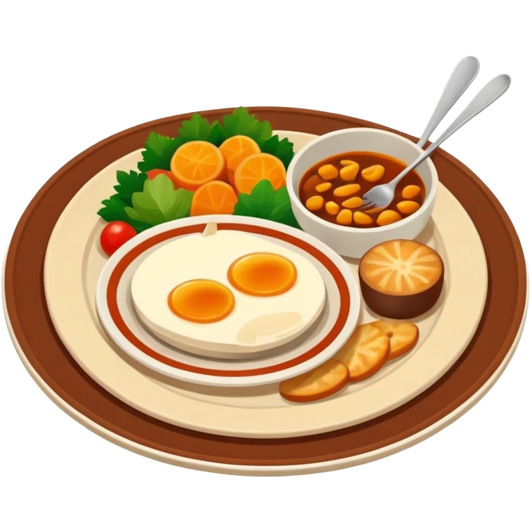 Homemade dishes on a plate, warm cozy colors, simple shapes, flat design, high contrast, friendly and inviting. emoji