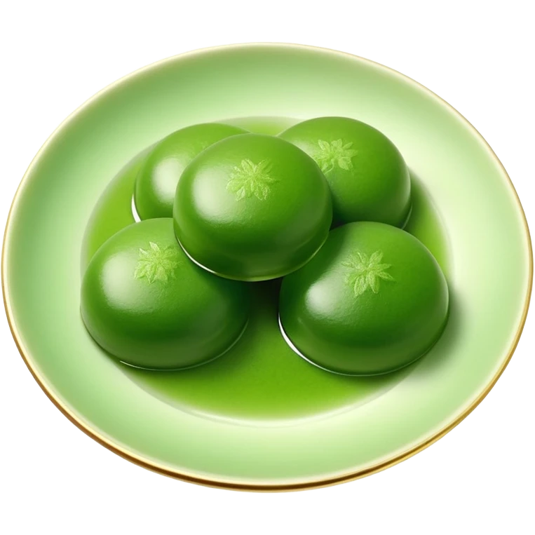 four green spherical warabi mochi on the plate emoji