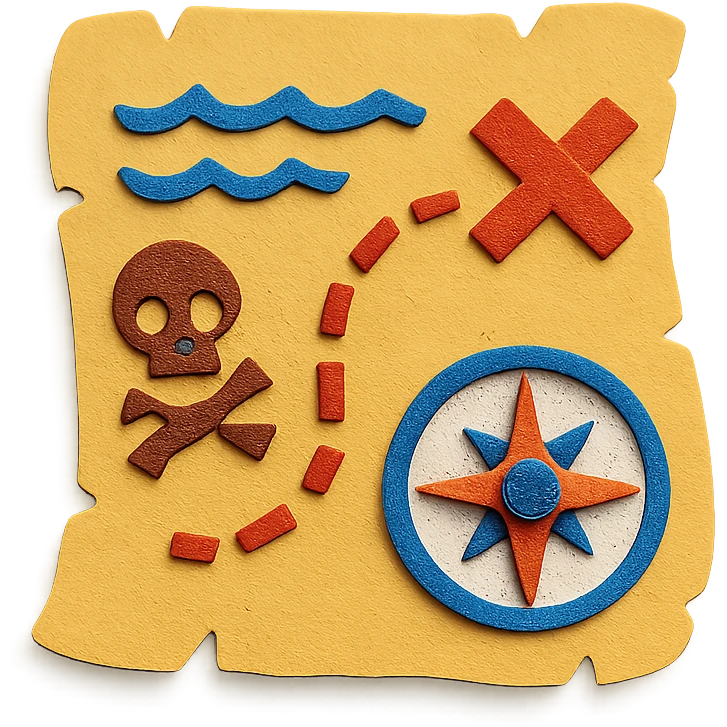treasure map with compass rose, waves, and pirate symbols, vibrant colors emoji