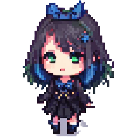 K-pop inspired gothic girl, pixel art style, chibi proportions, gothic outfit, K-pop dance move emoji