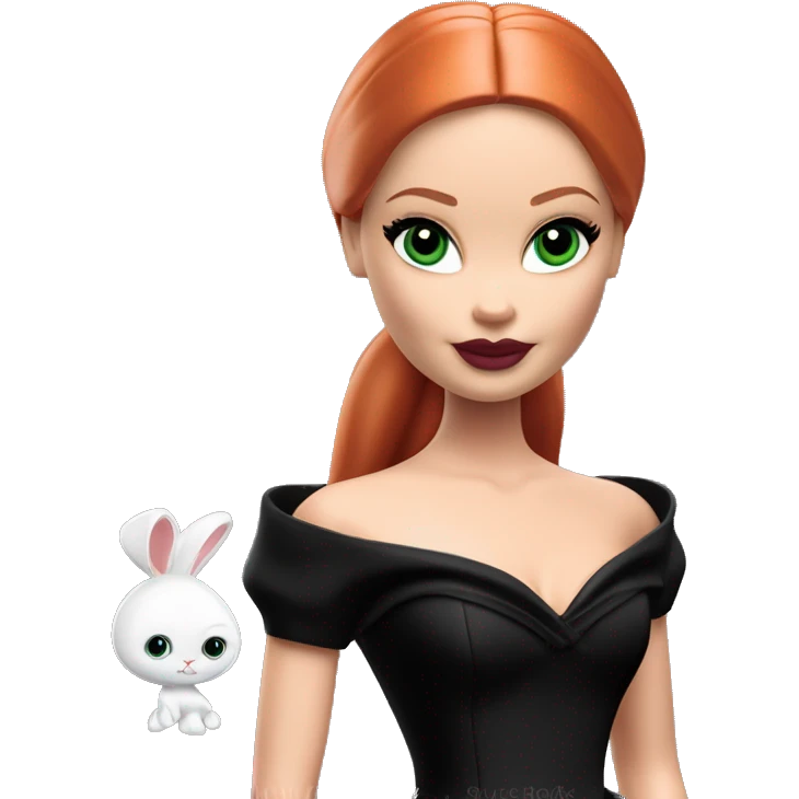  Bunny Wednesday Addams Barbie dancing.  Small Green eyes with light skin face. Longer red hair. black flowing strapless tight evening gown with  plunging neckline that’s off-the-shoulders that also shows her legs and black shiny velvet high heel shoes. emoji