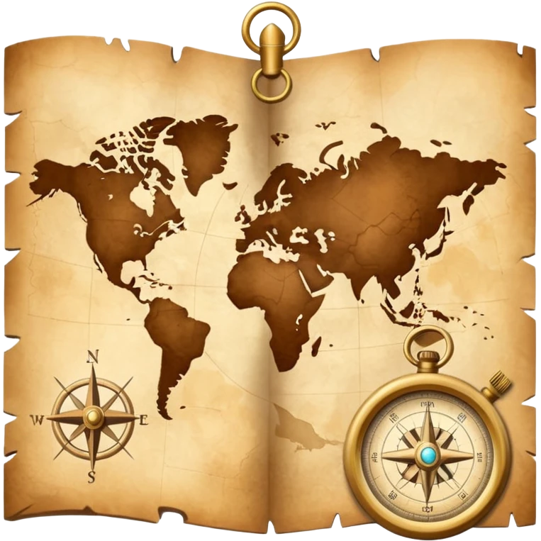 Brown golden map with Travel compass pointing to adventure emoji