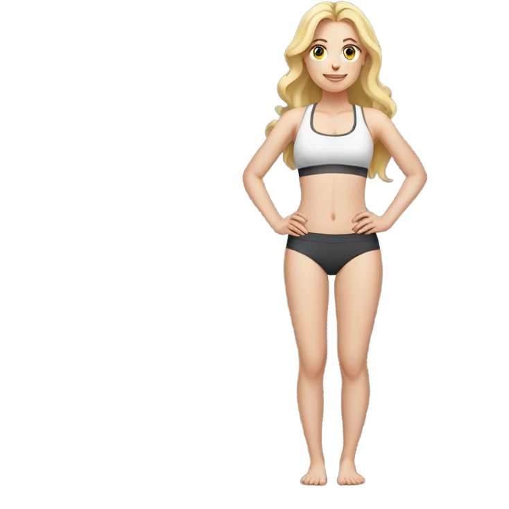 Woman, white skin, pale skin, long hair, blonde hair, wavy hair, standing, sports bra, leggings, measuring around waste emoji